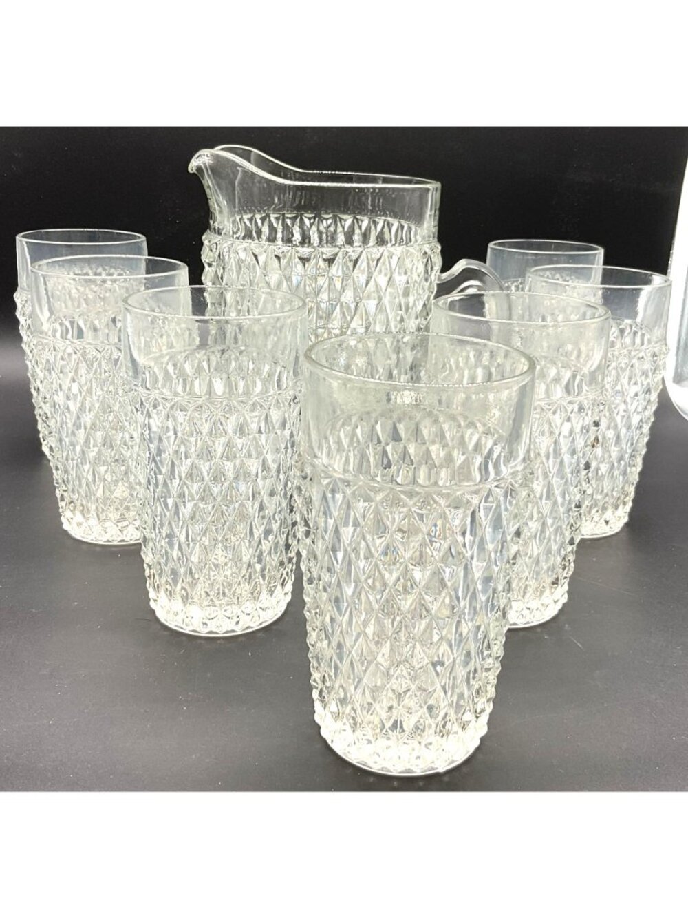 Vintage Indiana Glass Diamond Point Clear Pressed Glass Pitcher & 7 Tumbler Set